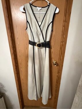 NWT Entro Natural Linen Blend Belted Midi Dress Black Contrast Trim Size Small